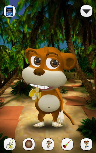 Talking Monkey character holding banana in lush jungle environment with action buttons for interactive sound responses and animations