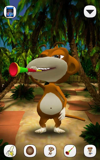 Cartoon monkey playing with red lollipop in jungle setting with touch buttons for interactive mini-games and casual gameplay activities