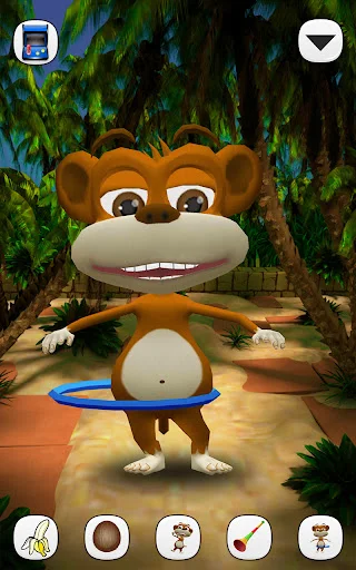 Monkey character spinning blue hula hoop in jungle background with action buttons for interactive simulation and playful responses
