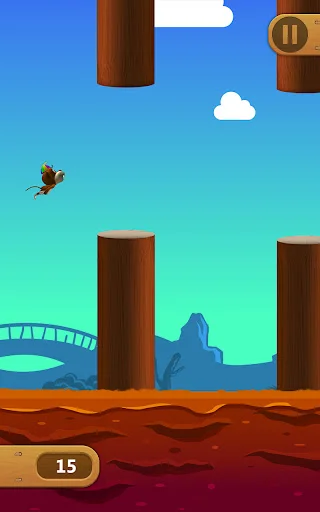 Flappy-style obstacle course jungle mini-game with wooden poles, clouds, and score counter displaying 15 points gameplay mechanic