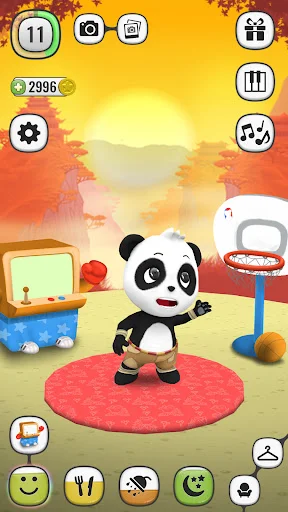 Black and white panda virtual pet standing on pink mat with yellow background, coins, time display, and interactive care buttons