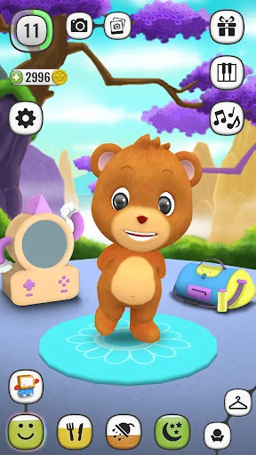 Brown teddy bear virtual pet character standing on turquoise platform in magical forest landscape with care gameplay interface