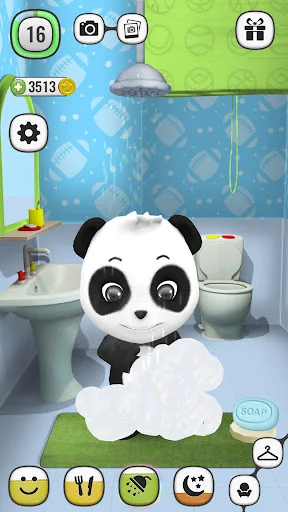 White panda character bathing in bathroom with soap bubbles and shower, virtual pet hygiene care and grooming activity