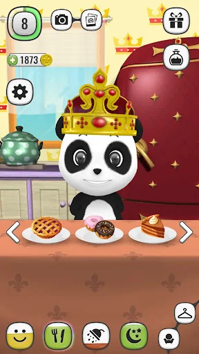 White panda character wearing crown above food items in kitchen, virtual pet feeding game and hunger management activity