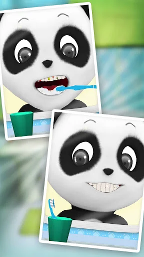 Split screen of panda brushing teeth with toothbrush and smiling, virtual pet dental care and health maintenance gameplay