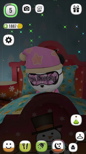 Sleeping panda wearing purple nightcap with sleeping text in dark nighttime scene, virtual pet rest and sleep mode
