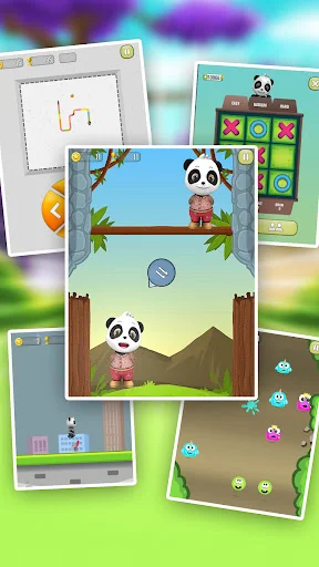 Collection of overlapping mini-game screens showing various panda activities including drawing, puzzles, and interactive gameplay
