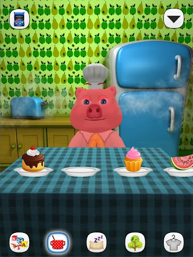 Pink pig at dining table with foods in kitchen; care screen with icons for feeding, games, and pet interaction features