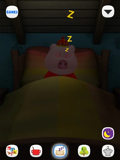 Pink pig sleeping in bed with sleep symbols; rest mode showing virtual pet's bedtime in dark bedroom scene