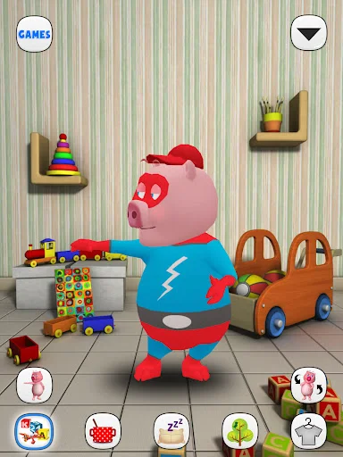 Pink pig with toys in playroom including blocks, toy train and car; interactive toy-play and care mini-game feature