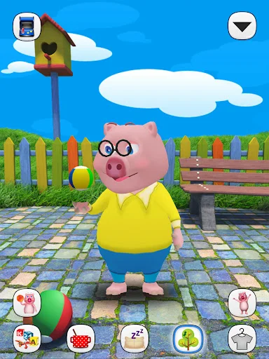 Cartoon pig wearing glasses in outdoor park with bird house, colorful fence and bench; interactive outdoor play area
