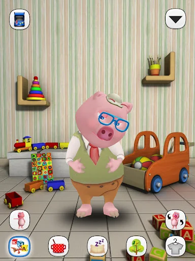 Pig wearing glasses in green dress surrounded by toys; pet customization dress-up and playroom interaction feature
