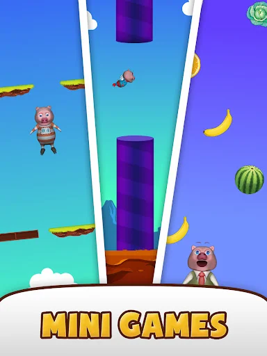 Colorful mini-games menu with pink pig character, floating fruits, bananas and watermelons; interactive game modes