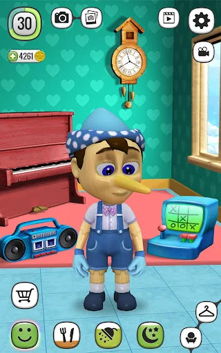 Pinocchio doll in blue outfit with activity icons for feeding, playing, and care in stylized bedroom