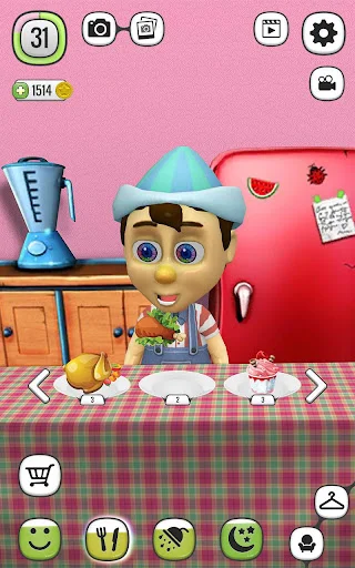 Interactive Pinocchio chef character in kitchen with cooking gameplay simulation activity