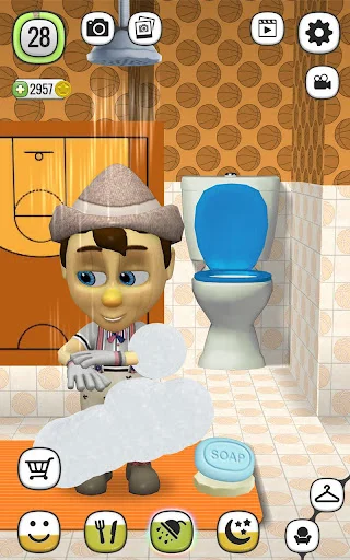 Pinocchio doll in bathroom setting with toilet and sink for care simulation gameplay