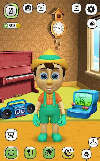 Pinocchio character in colorful outfit and yellow hat ready for interactive play and care