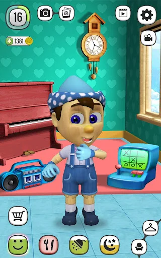Talking Pinocchio doll in bedroom with toys and icons for interactive care and gameplay