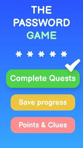 The Password Game puzzle app main menu with Complete Quests, Save progress, and Points & Clues buttons on blue background