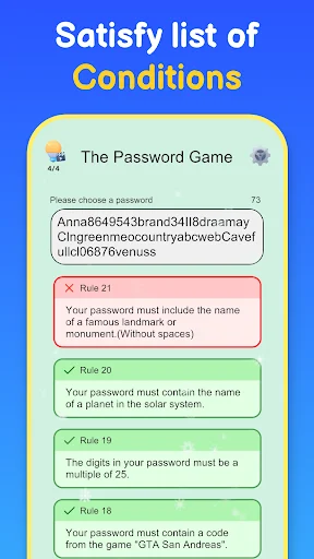 Password game conditions screen showing rules checklist with password field and validation requirements for puzzle solving