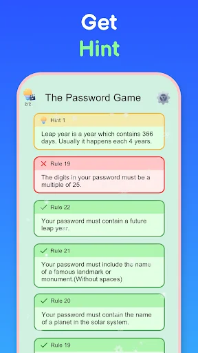 Get Hint feature in The Password Game showing leap year clue and multiple password rules with green checkmarks and red errors