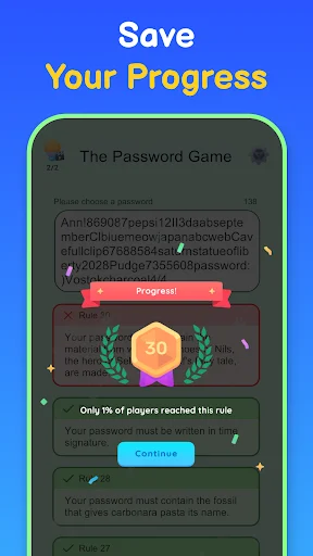 Save Your Progress screen displaying password game achievement with 30 points earned and player statistics overlay