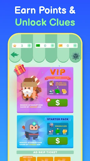 Earn Points & Unlock Clues shop screen with VIP and starter pack purchase options for password puzzle game progression