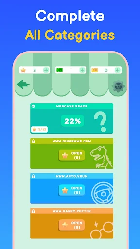 Complete All Categories menu showing different puzzle game sections with progress percentages and unlock requirements