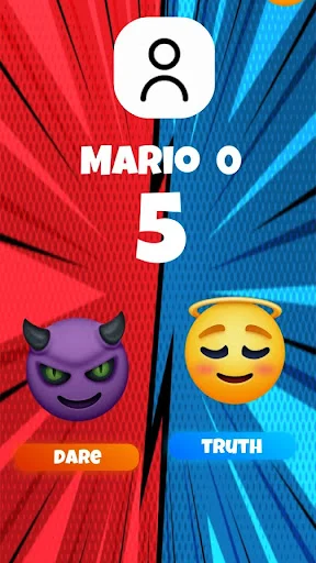 Truth or Dare game interface showing MARIO player with choice between DARE (devil emoji) and TRUTH (angel emoji) options