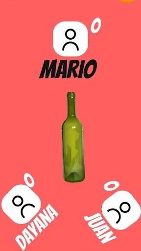 Truth or Dare bottle spin screen with MARIO player and spinning bottle, showing DAYANA and JUAN player options