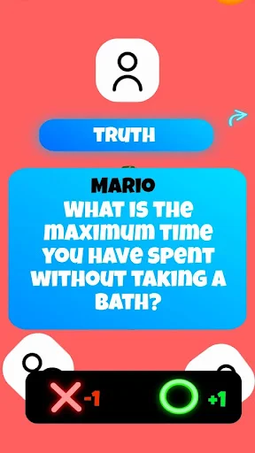 Truth question screen asking MARIO 'What is the maximum time you have spent without taking a bath?' with response buttons