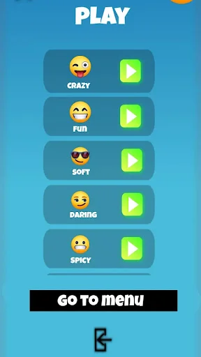Game mode selection screen showing CRAZY, FUN, SOFT, DARING, and SPICY difficulty levels with play buttons