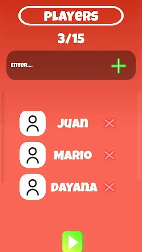 Player setup screen showing 3/15 players added: JUAN, MARIO, and DAYANA with option to add more players