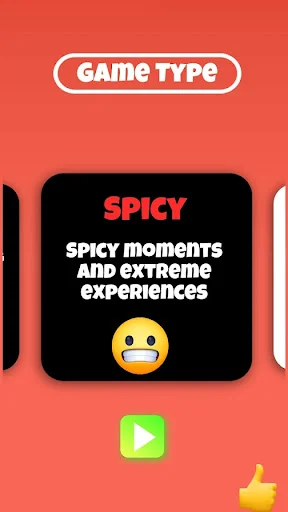 SPICY game type selection featuring 'spicy moments and extreme experiences' with worried emoji for adult content