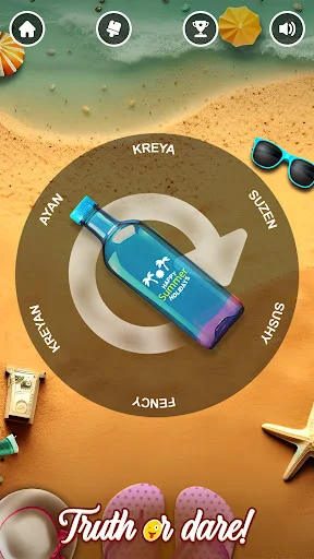 Beach-themed bottle spinner wheel with player names around edge for Truth or Dare multiplayer party game selection