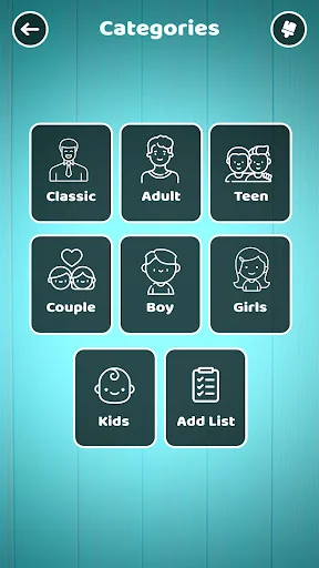 Categories selection screen with Classic, Adult, Teen, Couple, Boy, Girls, Kids options and custom Add List feature