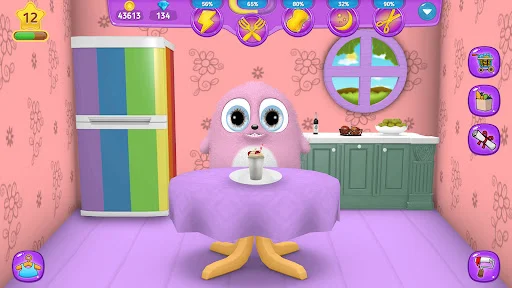 Kitchen gameplay for virtual pet Bobbie - feed and care for your monster pet with interactive items