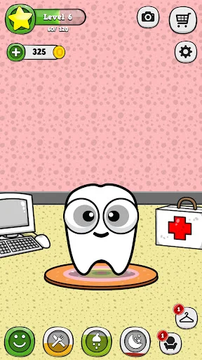 My Virtual Tooth Level 6 virtual pet with coin counter, action buttons for care interactions, and game UI elements