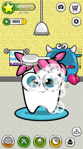My Virtual Tooth Level 27 virtual pet holding colorful items with 1053 coins and interactive care action buttons