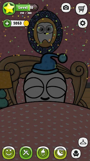 My Virtual Tooth Level 30 showing virtual pet sleeping in nighttime bedroom with progress counter and care buttons