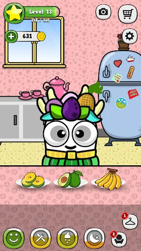 My Virtual Tooth Level 13 gameplay showing virtual pet with food items for feeding, kitchen environment, and coins