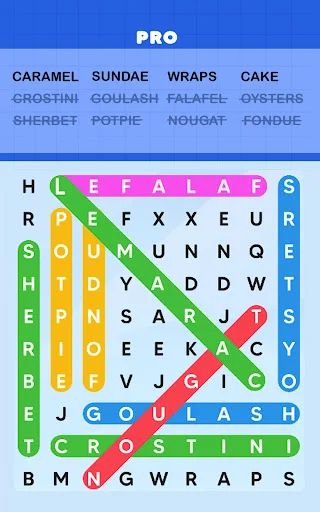 Word Search Puzzle Challenge PRO level - letter grid with highlighted FALAFEL word found, food-themed puzzle game