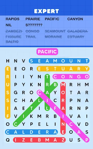 EXPERT difficulty Word Search - PACIFIC word highlighted in grid, challenging single player puzzle with nature theme