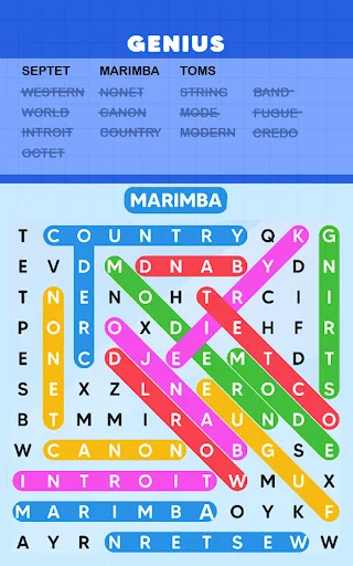 GENIUS level Word Search showing MARIMBA highlighted - advanced difficulty puzzle game with music instrument words