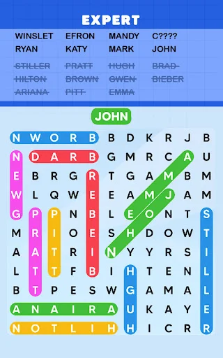 EXPERT Word Search puzzle displaying JOHN highlighted in name-themed grid - challenging offline word finding game