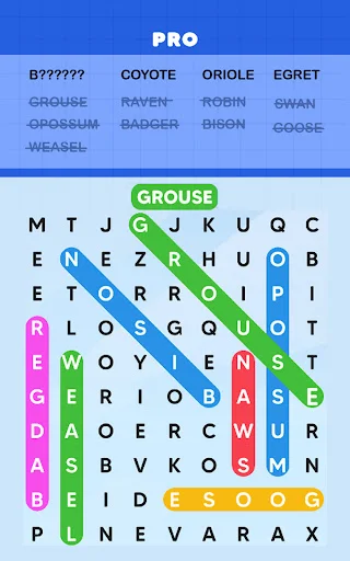 PRO level Word Search with GROUSE highlighted - advanced bird-themed puzzle featuring colorful letter grid gameplay