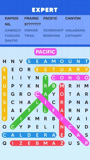 EXPERT difficulty word search puzzle featuring Pacific-themed words with yellow, pink, and blue circles marking solved words across the puzzle grid