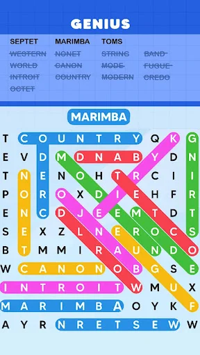 GENIUS difficulty marimba-themed word search puzzle displaying a densely-packed grid with multiple found words highlighted in various colors including pink and purple