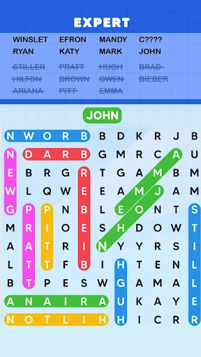 EXPERT difficulty word search puzzle with John-themed words showing a nearly complete grid with green, pink, yellow, and blue highlighted word selections