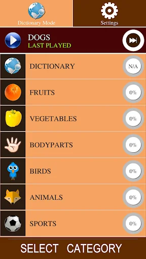 Word Search Word game category selection screen showing Dogs, Dictionary, Fruits, Vegetables, Body Parts, Birds, Animals, Sports